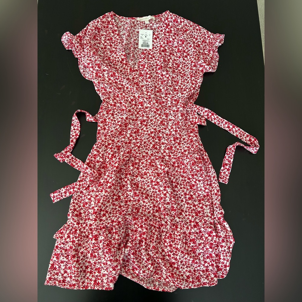 Monteau Los Angeles Red Floral Wrap Mini Dress - Size XS